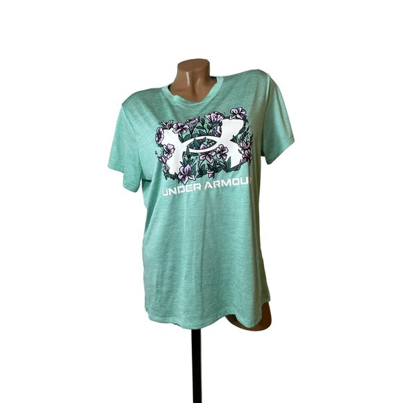 Under Armour Floral Logo Tee L Mint Green Sporty Soft Performance Top - Picture 1 of 5